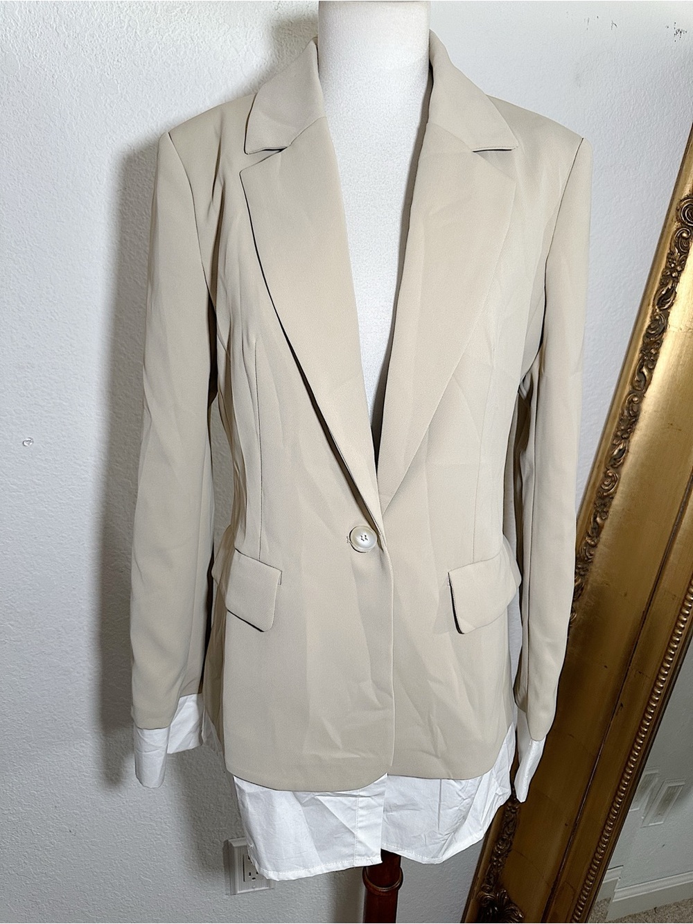 New Vici Tan Single Button Blazer Mini Dress With White Pleated Hem Size XS
